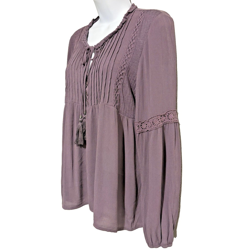 Knox Rose Lavender Peasant Blouse~L~Crochet Trim Long Slv Tassel Ties Ren Faire